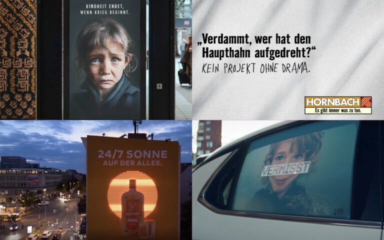 Die Gold-Gewinner der Plakadiva 2026 (von links unten im Uhrzeigersinn): "Deutschland wird Orange", "Lost in Childhood", "Kein Projekt ohne Drama", "Screen2Save" (Bilder: Jägermeister, #WeAreAllUkranians, Initiative Vermisste Kinder)
