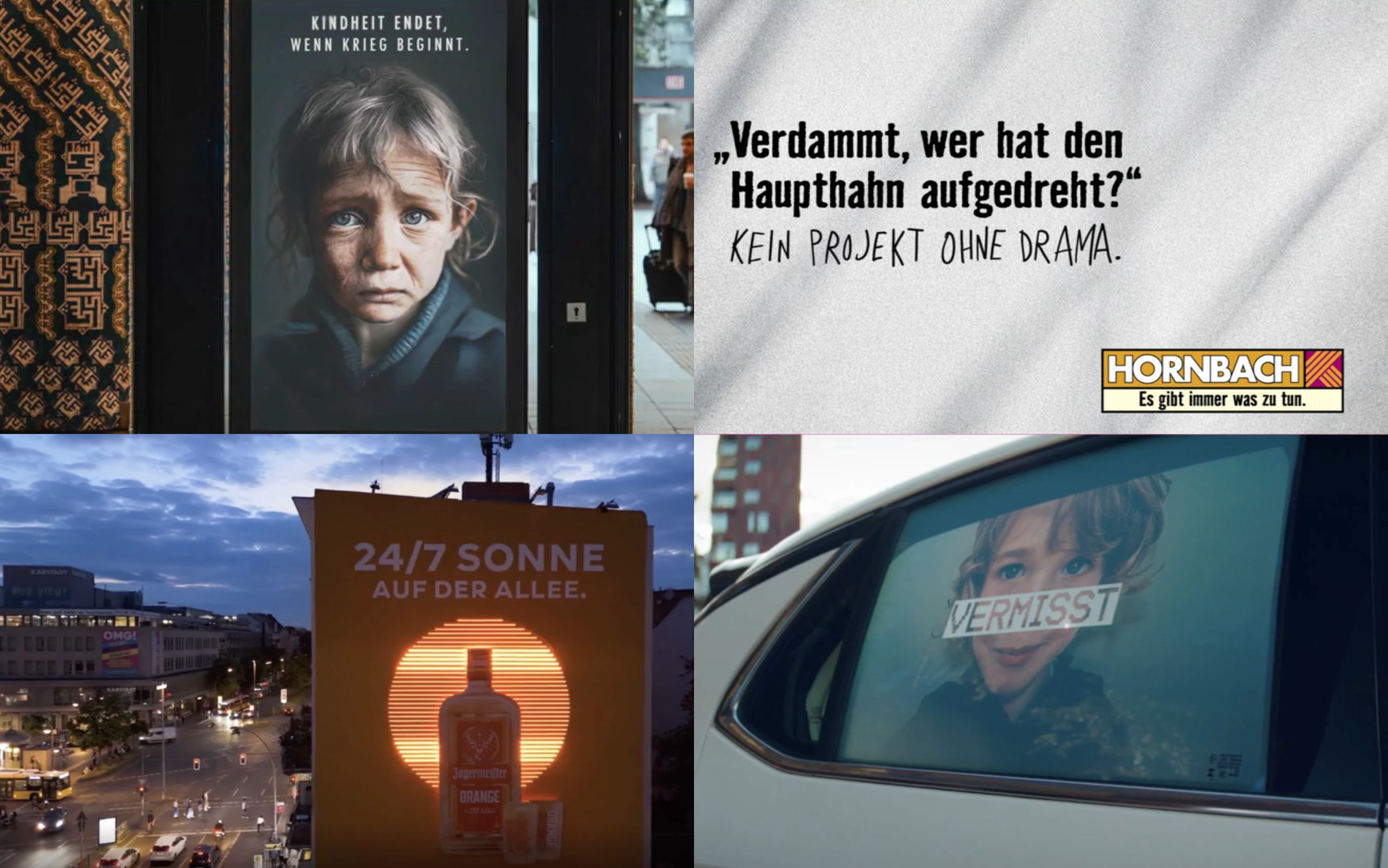 Die Gold-Gewinner der Plakadiva 2026 (von links unten im Uhrzeigersinn): "Deutschland wird Orange", "Lost in Childhood", "Kein Projekt ohne Drama", "Screen2Save" (Bilder: Jägermeister, #WeAreAllUkranians, Initiative Vermisste Kinder)