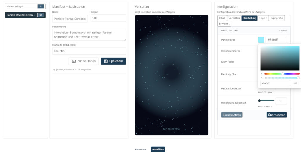Ein gepromptetes Beispiel-Widget in der Custom-Code-Integration als Screenshot (Foto: connectSignage)