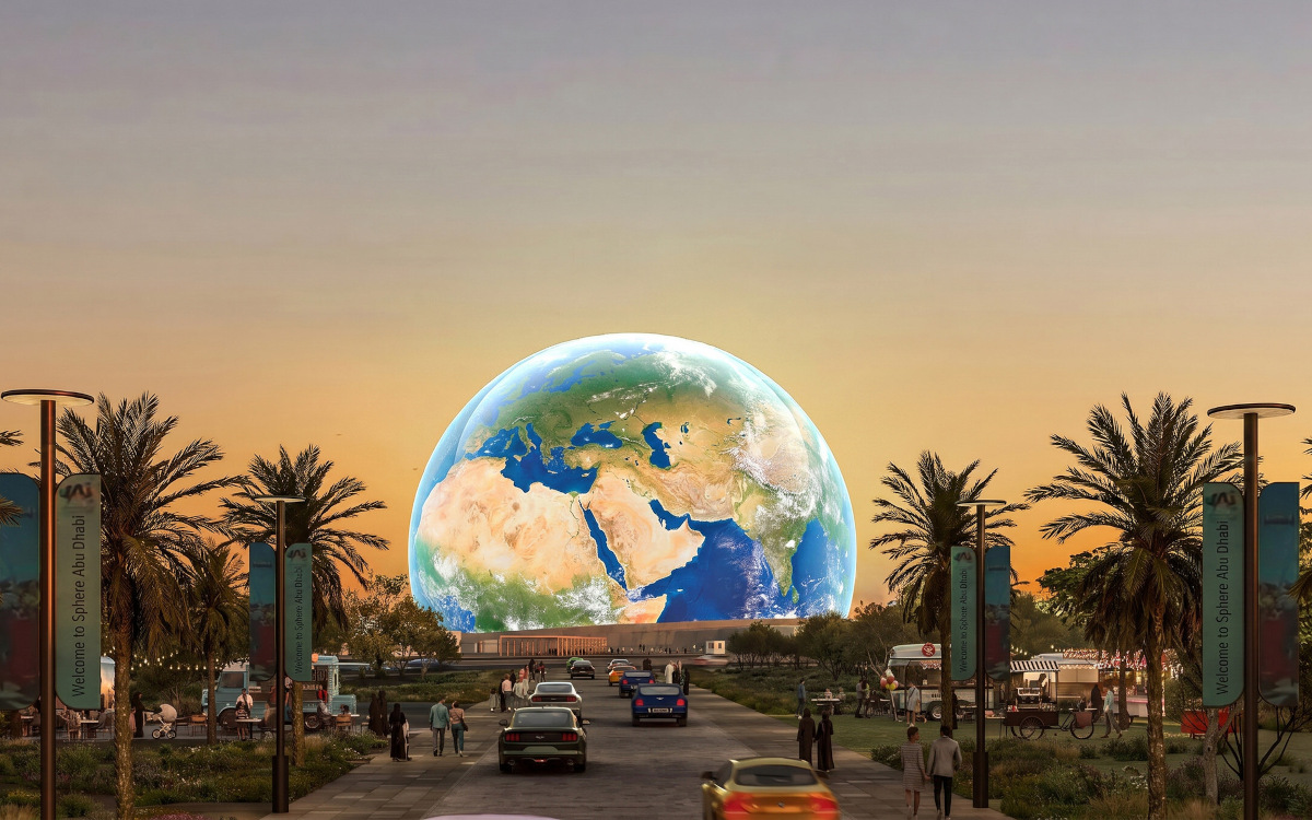Rendering der Sphere Abu Dhabi auf Yas Island, wo die immersive Entertainment-Location voraussichtlich bis Ende 2029 eröffnet wird (Foto: Sphere Entertainment)
