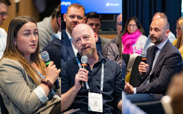 Repräsentanten der drei größten DACH-Integratoren auf dem DSS Munich (von links): Ines Seibold, P.O.S. The Instore Experience, Oliver Schwede, Cancom, und Bernd Albl, Umdasch Digital (Fotos: invidis/Tom Cesalek)