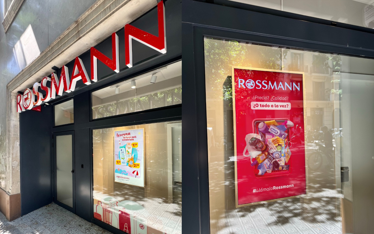 Die belieferten Rossmann-Filialen in Spanien mit den Displays als Stele (links) und als Wandmontage. (Foto: Bütema AG)