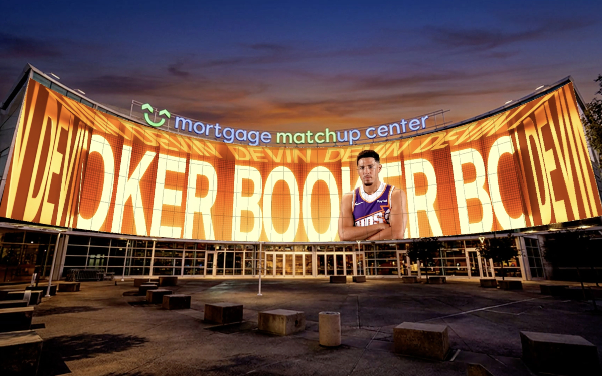 Der Phoenix-Suns-Superstar Devin Booker auf der rund 860 Quadratneter großen LED-Fläche vor dem Mortgage Matchup Center (Mockup: Phoenix Suns)