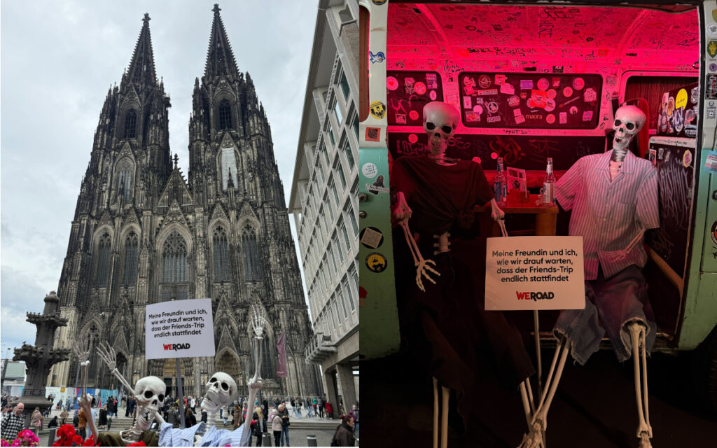 Die zwei Skelette waren an zwei touristischen Orten in Köln unterwegs. (Fotos: WeRoad)