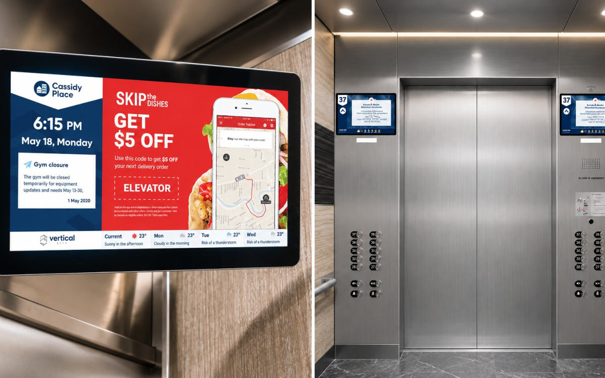 In Nordamerika zeigen inzwischen 10.000 Aufzug-Screens von Vertical City Werbung neben Etagen- und Notfallinformationen. (Foto: Vertical City)
